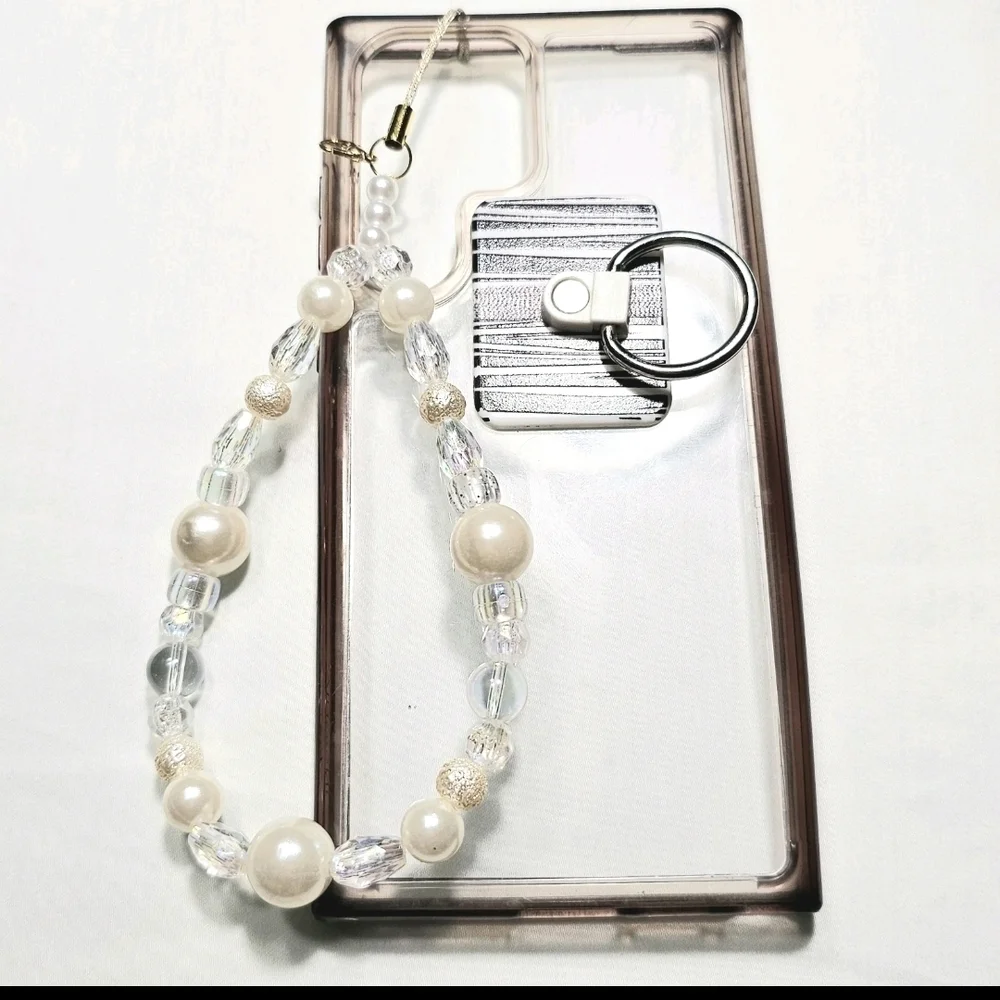 Faux Pearl and White Iridescent  Girly Dainty Beaded Phone Charm Wrist Strap